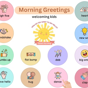 Saludos de buenos días Decoración infantil imprimible: bienvenida a los niños con actividades llenas de diversión Decoración del aula. Choca esos cinco baile Thumps Up Hug..