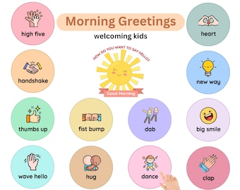 Good Morning Greetings Printable Nursery Decor - Welcoming Kids with Fun Filled Activities Classroom decor. High-Five Dance Thumps Up Hug..