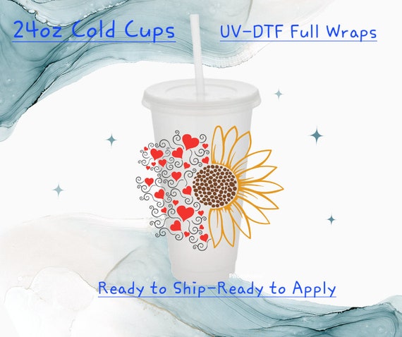 RTS//Ready To Apply// UV DTF Wraps// 24oz 30oz// Cold Cups// Full Wraps//  Tumblers// Cold Cups// uv dtf wraps//Sunflower and Hearts