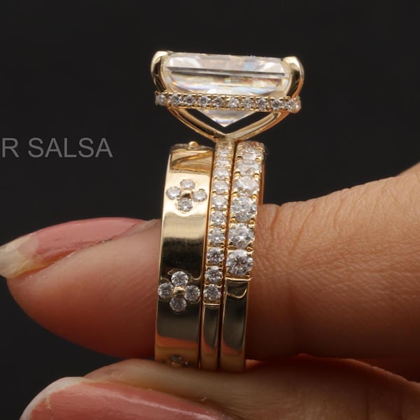 Radiant Cut Hidden Halo Ring With Two Matching Band Set Flush Set Gold Band & Pave Set Eternity Band Engagement Three Ring Set Wedding Gifts