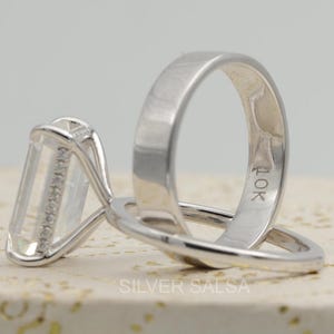4.50 CT Emerald Cut Moissanite Wedding Ring With Flat Gold Cigar Band 3mm Flat Band Solid Gold Ring Anniversary Ring Set Bridal Set For Her