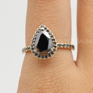 Pear Cut Black Moissanite Engagement Ring, Black Moissanite Wedding Ring,Pear Black Moissanite Halo Ring,Gift For Birthday, Gift For Friend.