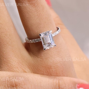 3 CT Emerald Cut Moissanite Diamond Ring Hidden Halo Half Eternity Wedding Ring White Gold Customized Ring Emerald Cut Engagement Bride Ring