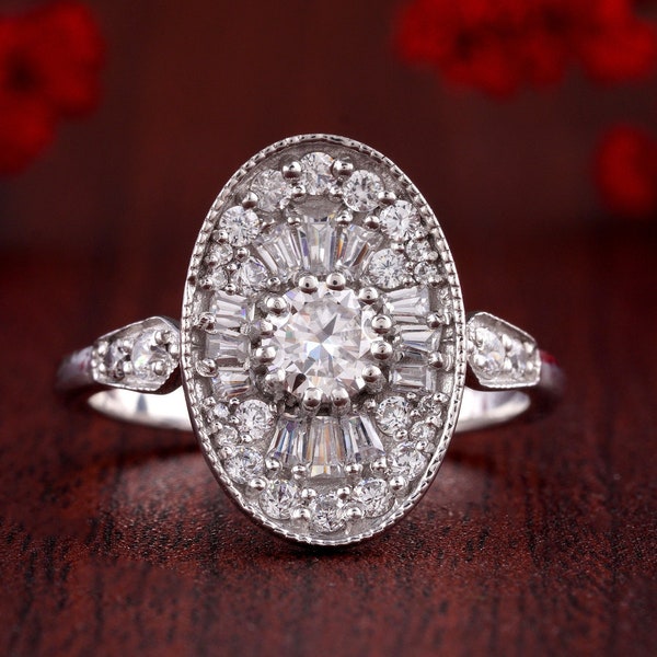 Oval Shape Ballerina 1.12CT Round Diamond Mosaic Engagement Ring / Milgrain Edwardian Openwork Wedding Ring / Vintage Art Deco Bridal Ring.