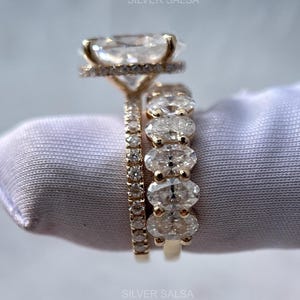 Oval Cut Moissanite Engagement Ring Set, Half Eternity Wedding Band Bridal Set