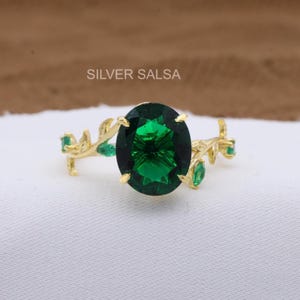 Nature Inspired Oval Emerald Engagement Ring Fairytale Yellow Gold Wedding Ring Green Tree Leaf Branch Twist Ring Anniversary Floral Ring