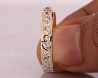 Multi Shaped Moissanite Diamond Solid Gold Wedding Band Cocktail Band Triangle Baguette Round Moissnaite Ring 10kt Yellow Gold Band For Her