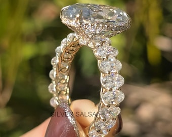 Large Oval Moissanite Diamond Engagement Ring Hidden Halo Diamond Prong Side Oval Diamond Eternity Set Ring 8.0 Carat Oval Diamond Ring Gift