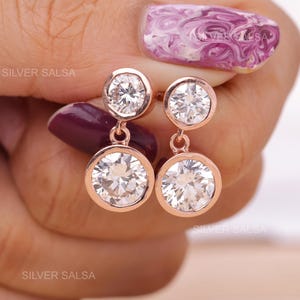 Bezel Set Diamond Studs Dual Diamond Dangle Stud Earrings 14K Gold Moissanite Diamond Drop Earrings 5 CT Diamond Earrings Gifts For Women