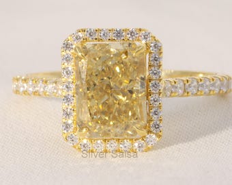 Canary Yellow Radiant Lab diamond Engagement Ring Halo Wedding Ring Fancy Color Diamond Ring Diamond Prong Anniversary Gifts For women
