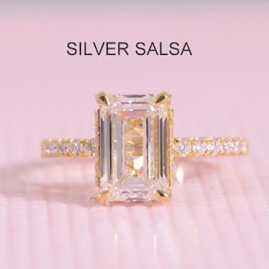 Yellow Gold Emerald Cut Diamond Ring Hidden Halo With Pave Set Moissanite Diamond Ring Round Diamond Eternity Ring Prong Set Emerald Ring