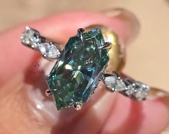 Anel de Noivado com Moissanita Verde em Formato de Marquise Holandesa, Anel Vintage de Moissanita para Mulheres, Anel de Casamento com Halo Oculto em Formato de Marquise, Diamante em Formato de Marquise Exclusivo