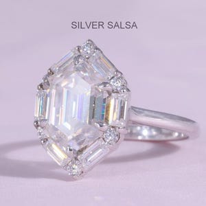 Hexagon Cut Moissanite Diamond Halo Bridal Ring Baguette And Round Halo Diamond Ring Engagement Ring Wedding Gifts Ring Cathedral Shank Ring