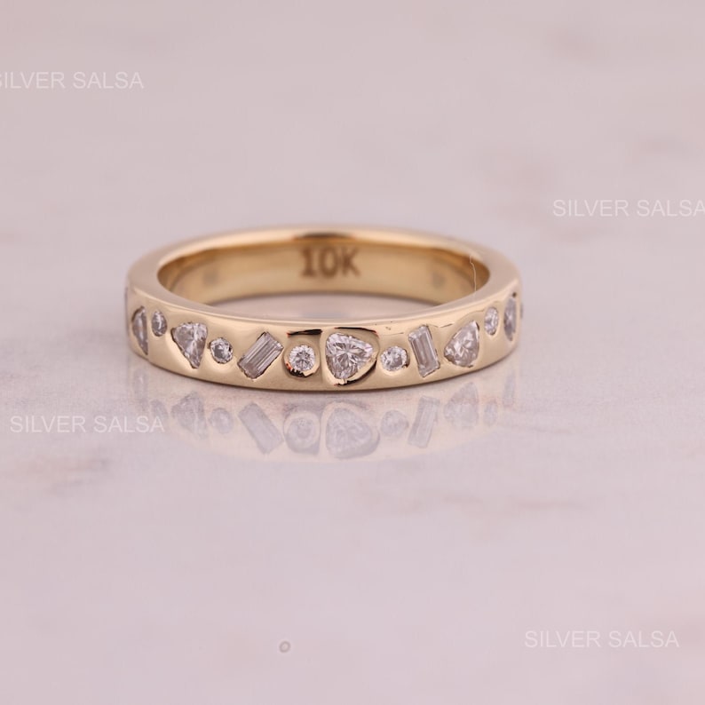 Flerformad Moissanit Diamant Vigselring i massivt guld Cocktailring Triangel Baguette Rund Moissanitring 10kt Guldring För Henne bild 2
