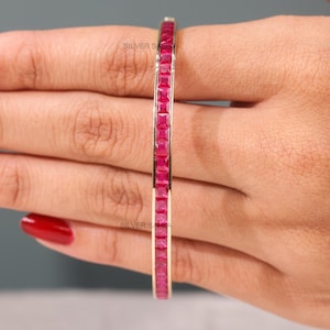 Ruby Princess Cut Bangle Bracelet Ruby Diamond Openable Bracelet Cuff Bracelet Anniversary Gift For Women Square Gemstone Cuff Bracelet