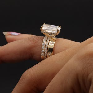 Radiant Cut Hidden Halo Ring With Two Matching Band Set Flush Set Gold ...