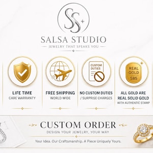 May include: An advertisement for Salsa Studio jewelry. The image features the company logo, icons representing services like free shipping and custom orders, and text that reads "Design Your Jewelry, Your Way."