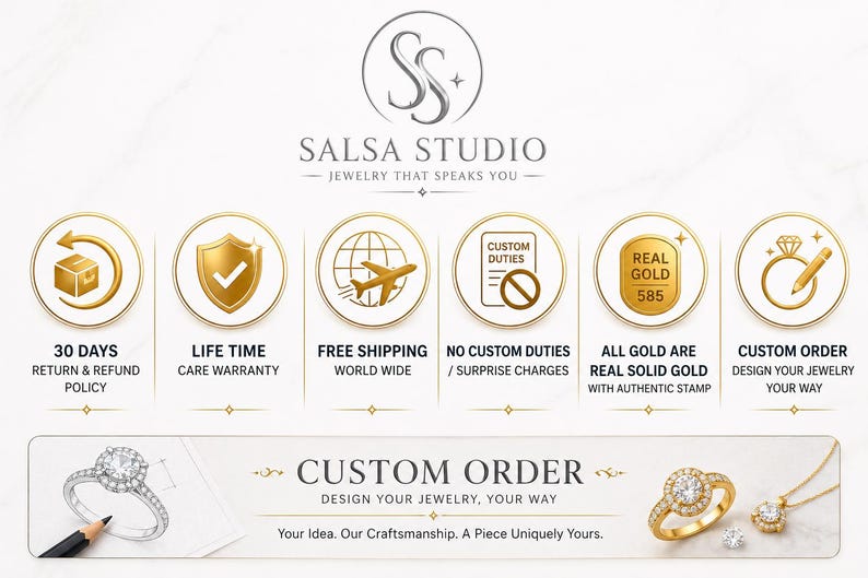 May include: An advertisement for Salsa Studio jewelry. The image features the company logo, icons representing services like free shipping and custom orders, and text that reads "Design Your Jewelry, Your Way."