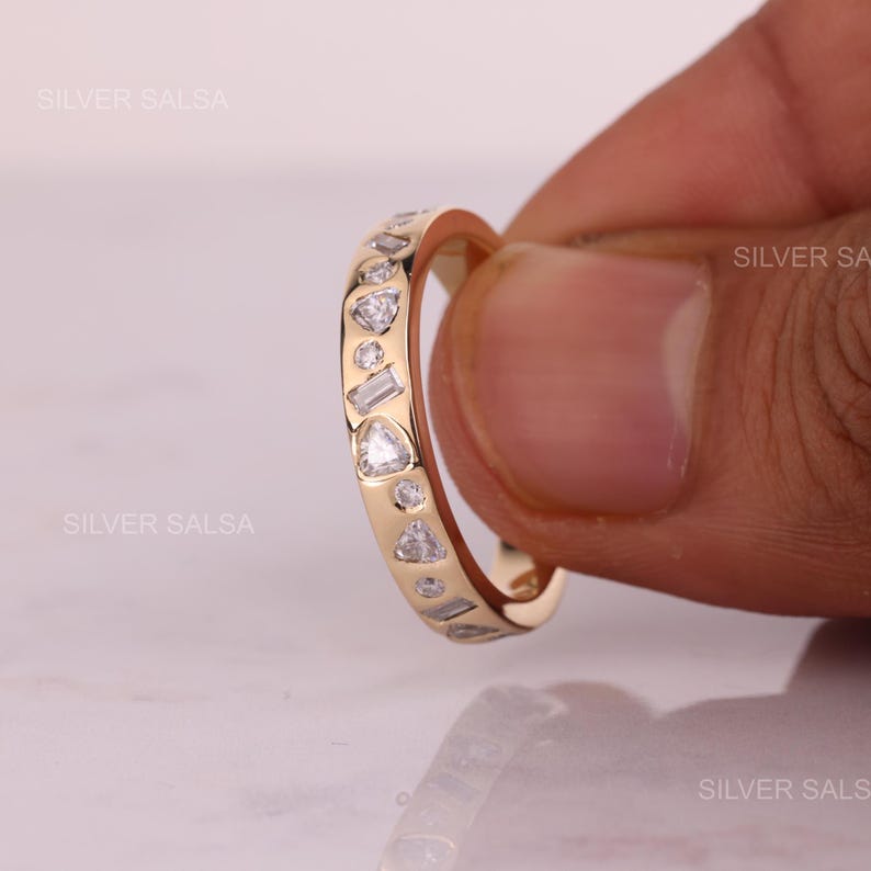 Flerformad Moissanit Diamant Vigselring i massivt guld Cocktailring Triangel Baguette Rund Moissanitring 10kt Guldring För Henne bild 7