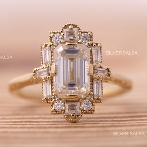 Art Deco Emerald Cut Colorless Moissanite Wedding Ring, Baguette Cut And Round Cut Engagement Ring Vintage Style Mosaic Ring Bridal Ring