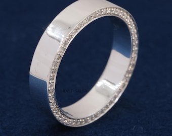 Men's Round Diamond Wedding Band Unisex Band Men's Engagement Ring Two Sided Pave Diamond Band 14k Solid Gold Wide Band Eternity Band Gifts