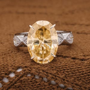 6.0 Carat Champagne Yellow Oval Cut Moissanite Ring Vintage Ring Milgrain Ring Wide Band Ring Side Oval Moissanite diamond Set Band Ring