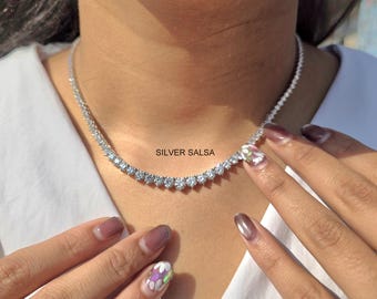 Lab Diamond Tennis Necklace, Graduated Round Cut, SGL Certified Diamond Necklace Solid Gold