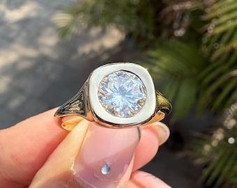 Yellow Gold Signet Ring Solitaire Diamond Flush Set Engagement Ring 14k Gold Wedding Gift Statement Ring Signet Style Ring Round Moissanite