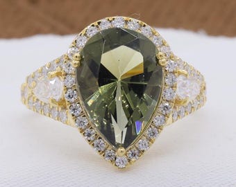 Gemstone Ring Green Pear Diamond Ring Split Shank Ring Halo Ring Side Pear Diamond Moissnaite Ring Pave Band Anniversary Ring Gifts For Her