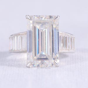 10ct Emerald Cut Moissanite Ring Tapered Baguettes Side Diamond Band Huge Emerald Cut Ring Celebrity Style Ring for Women Big Diamond Ring
