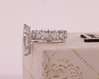 Marquise Moissanite Bridal Set, 4CT Solitaire Ring, Round Cluster Matching Band, Solid Gold Anniversary Set Gift For Her
