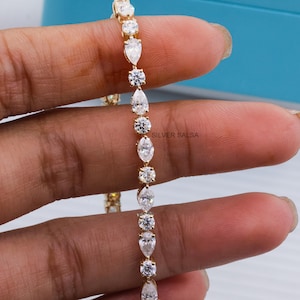 Pulsera de tenis con diamantes de moissanita de múltiples formas, redonda, este-oeste, marquesa y pera, oro macizo, regalo de aniversario perfecto para ella.