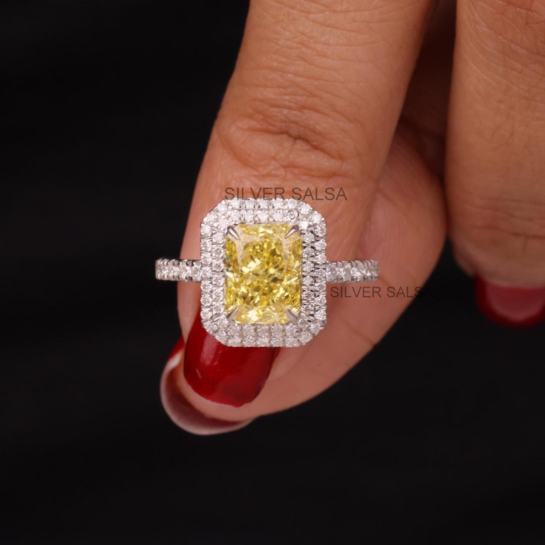 Fancy Yellow Radiant Cut Lab Diamond Engagement Ring Halo Pave ...