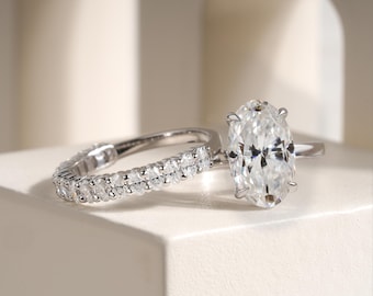 Oval Cut Moissanite Engagement Ring Set for Women 14K White Gold Hidden Halo Bridal Set Oval Solitaire Ring With Half Eternity Matching Band