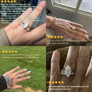 May include: A collection of rings, including a marquise-cut diamond ring and a gold chain bracelet. The rings feature intricate designs and sparkling stones. The image showcases various hand poses with the jewelry.