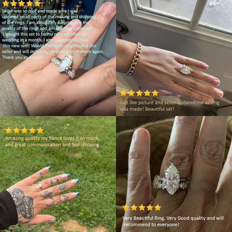 May include: A collection of rings, including a marquise-cut diamond ring and a gold chain bracelet. The rings feature intricate designs and sparkling stones. The image showcases various hand poses with the jewelry.