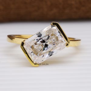 Half Bezel Set Radiant Cut Moissanite Solitaire Ring 14k Solid Yellow Gold East West Diamond Set Ring Radiant Cut Wedding Ring Yellow Gold
