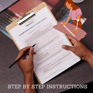 May include: A clipboard with "TAILOR'S HAM SEWING INSTRUCTIONS" and a list of supplies. A person is writing on the clipboard with a pen. A person is holding a pink pillow and measuring it with a ruler. The text "STEP BY STEP INSTRUCTIONS" is at the bottom.