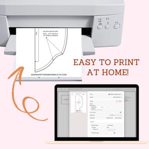 May include: A white printer printing a sewing pattern labeled "TAILOR'S HAM PATTERN" with the text "EASY TO PRINT AT HOME!". A laptop displays the pattern's print settings. The pattern includes a 1/4" seam allowance and is available at SEWINGPATTERNSBYEMMA.ETSY.COM.