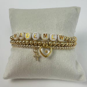 Christian faith stacking stretch gold bead bracelets with 14k plated gold beads, personalized, Made New, dainty cross, mustard seed faith