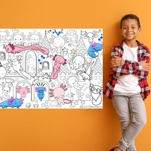 May include: A large white coloring poster featuring a whimsical castle with many axolotl characters. The axolotls are drawn in black and white and have different expressions. The poster is on a yellow wall with a young person standing next to it.