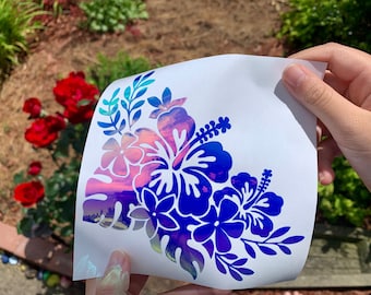 Tropical Flower Vinyl Decal: Hibiscus, Plumeria, Leaves