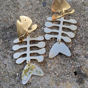 Gold Stainless Steel Fishbone Earrings: Articulated Tail, Statement Jewelry