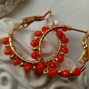Handmade Beaded Hoop Earrings: 18k Gold Plated Crystal Wire Wrap