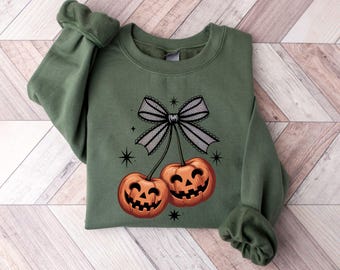 Cherry Pumpkin Sweatshirt| Coquette Fall Vibes Halloween Sweater| Spooky Season Shirt| Halloween Pumpkin Sweatshirt| Fall Autumn Sweater