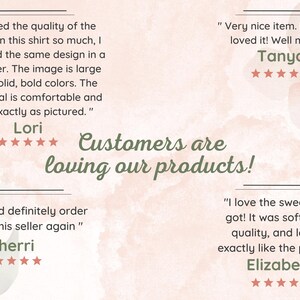 May include: Image featuring customer testimonials with a soft, watercolor-style background. Text includes customer reviews with names and star ratings, and the phrase "Customers are loving our products!"
