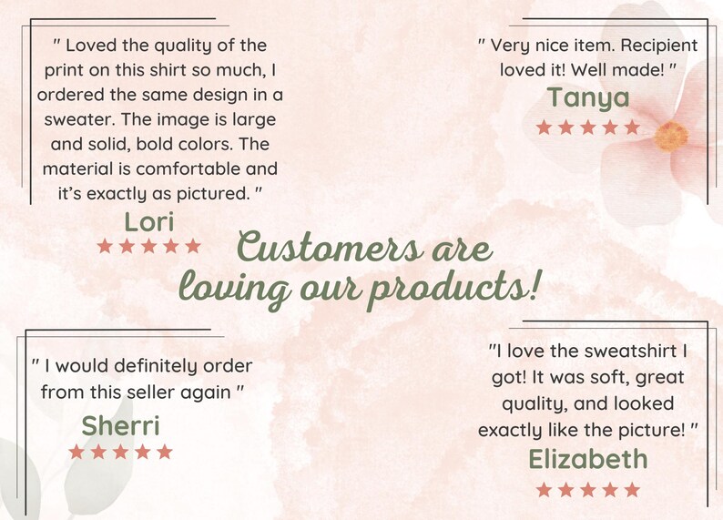 May include: Image featuring customer testimonials with a soft, watercolor-style background. Text includes customer reviews with names and star ratings, and the phrase "Customers are loving our products!"