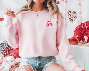 Valentine Cherry Coquette Bow Sweatshirt| Valentine Clothing| XoXo Valentines Day Sweatshirt| Love Sweatshirt| Coquette Sweatshirt
