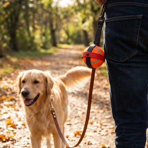 May include: A golden retriever dog on a leash walks on a path in a park. The dog is wearing a brown leather collar and leash. An orange ball with black and red straps is attached to the leash. The person holding the leash is wearing blue jeans.