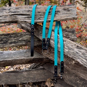 May include: Three turquoise blue dog leashes with black hardware and a black leather leash with a silver ring. The leashes are laying on a wooden fence.